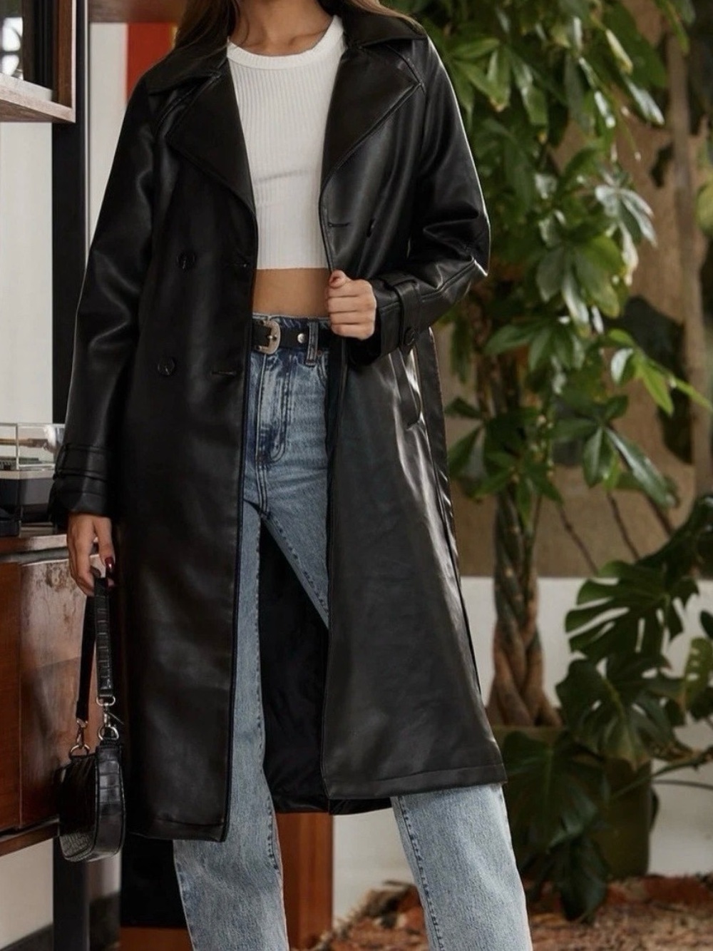 NWT Brynne Faux Leather Black Trench Coat 12th Tribe Size Large